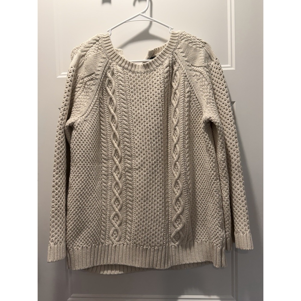 J. Crew Sweater Tie Neck Back Cable Knit Ivory Women's M Boho Fisherman Chunky